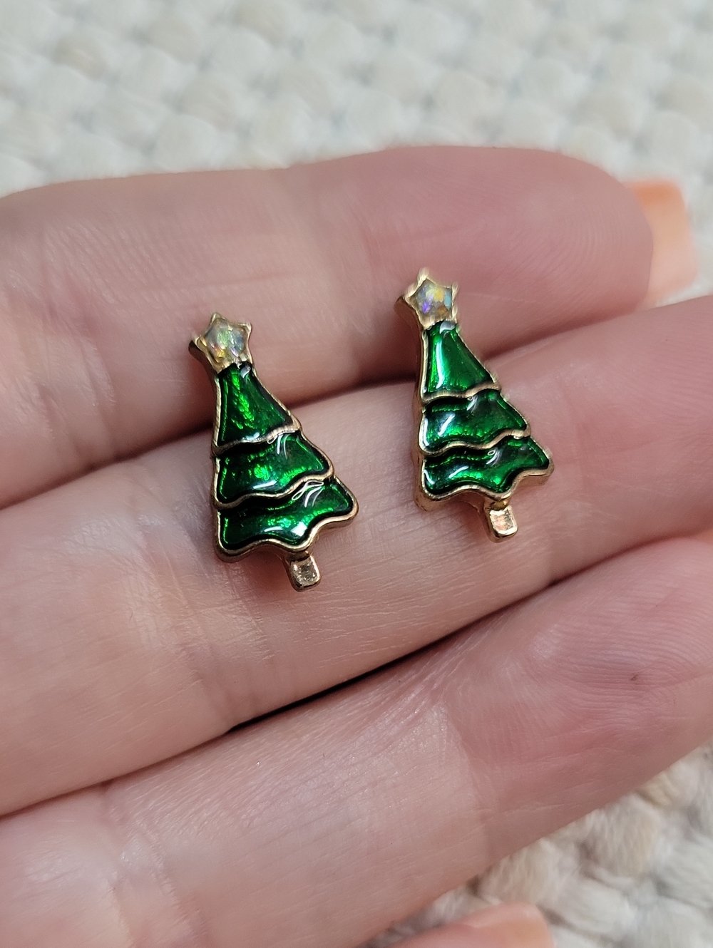 Vintage Green Enamel Christmas Tree Stud Earrings